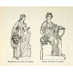 1898 Wood Engraving Melopmene Tragedy Thalia Comedy Muses Women 