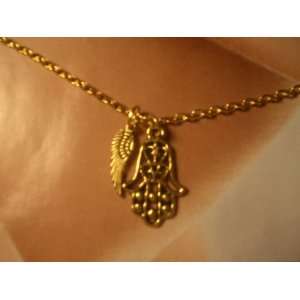 Gold Hamsa / Gold Wing Power Necklace 20 Plus Gold Hamsa Stud Earring 