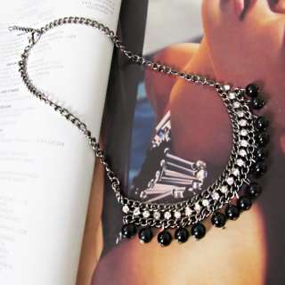 Fashion Black Beads Crystal CZs Pendant Chain Dangle Necklace Jewelry 