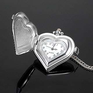 Ladies Heart Shape Silver Pocket Necklace Pendant Watch  