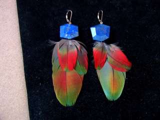   Parrot Feather & Blue Lapis Earrings 14k gold Beautiful Colors  