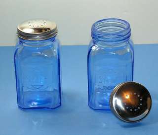 Blue Glass 8oz Salt & Pepper Shakers w/ Stainless Tops  