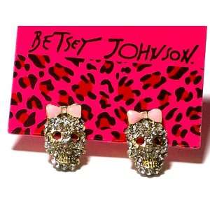  BETSEY JOHNSON Crystal Skulls with Pink Bows Stud Earrings 
