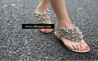 Womens T Strap Sexy Sandals Slipper Flat Shoes Diamante  