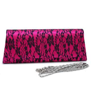 Lace satin evening bag clutch purse hot pink  