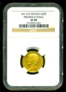 AN 12 A FRANCE NAPOLEON CONSUL GOLD COIN 20 FRANCS NGC CERTIF GENUINE 