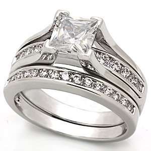 Silver Tone Wedding Ring Set With Princess Cut Cubic Zirconia, Size 5 