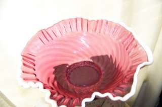 Vintage Cranberry Glass Bowl, Crimped White Rim, 11D  