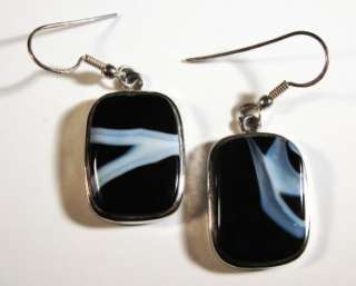 MEXICAN ONYX BANDED AGATE SS DANGLE EARRINGS 1 7/8  
