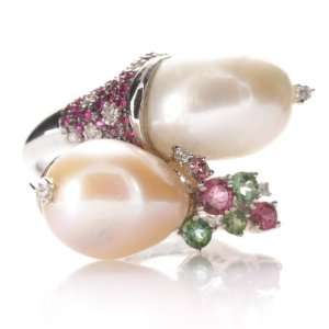    14k White Gold Pearl Pink Green Sapphire Diamond Ring Jewelry