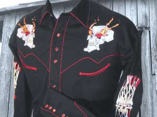 6769 Flaming Embroidered Skull Rockmount Western Punk Cowboy Shirt Med