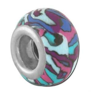   Teal & Purple Swirly Design Clay Rondelle Bead   Large Hole Jewelry