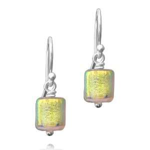   Dichroic Glass Translucent Yellow Box Shaped Bead Earrings Jewelry