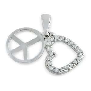    Sterling Silver Pave CZ Heart with Peace Sign Necklace Jewelry
