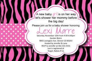 Custom Hot Pink Zebra Print Polka Dot Baby or Bridal Shower Invitation 