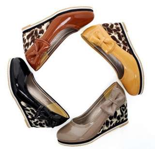 Leopard Patent Leather Bowknot Wedge Heels Pumps Women Shoes US Size 5 