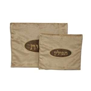   Velvet Tallit Bag with Leather Emblem and Hebrew Text 