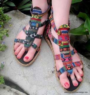 Hmong Embroidered Gladiator Sandals Shoes Blue Mix  