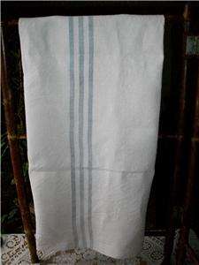 Antique French Natural Linen Fabric Pale Blue Stripe Rustic Country 