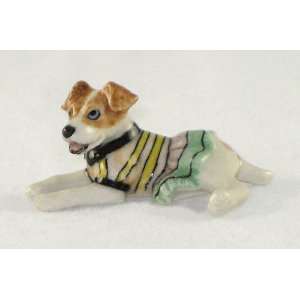  JACK RUSSELL TERRIER Brn Dog n a Multi Color Striped Dress 