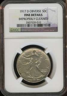 1917 D NGC FINE DETAILS IMPROPERLY CLEANED WALKING LBIERTY HALF DOLLAR 