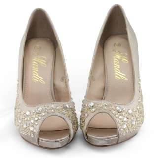   natural satin rhinestones bridal peep toe platform heels pumps shoes