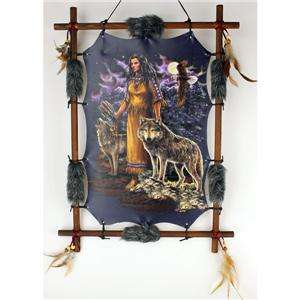 Large 22 x 16 Framed Indian Maiden Girl & Wolf Wolves Dream Catcher 