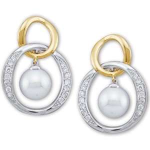  6.5MM Round White Pearl And Diamond Earrings  14K/Yellow 