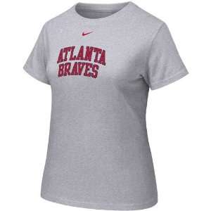  Nike Atlanta Braves Ladies Ash Arch Lettering Crew T shirt 