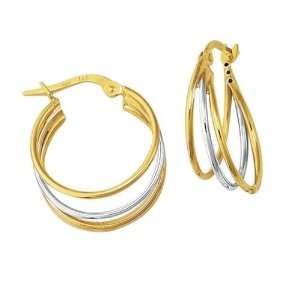  14K 2 Tone Gold Round Tube Triple Hoop Earrings (17 x 17 