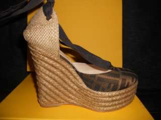 FENDI Zucca Lace Up Ankle Espadrille Rope Platform Wedges Sandals 