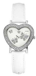 NEW GUESS HEART BUTTERFLY SWAROVSKI SS WHITE LEATHER STRAP LADY WATCH 
