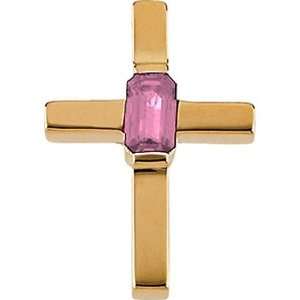  14K Yellow Gold Pink Tourmaline Cross Pendant Jewelry