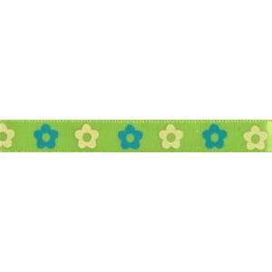  5 Yards 3/8 Printed Satin Ribbon   Green with Flowers 