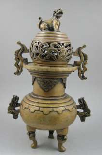 Old Chinese Bronze Fu Dog Dragon Carved Incense Burner  