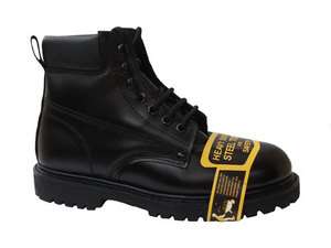 Mens 6 Black Leather Upper Steel Toe Work Boots  