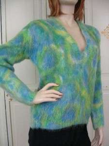 FUZZY Longhair MOHAIR Deep V Hand Knit SWEATER Blue Green MOD Print 