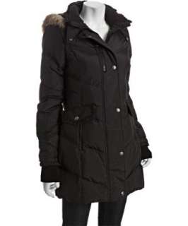Betsey Johnson black ruffle detailed faux fur trimmed hooded jacket 