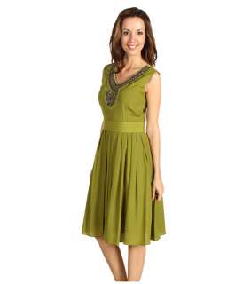 Ellen Tracy Pleated Fit and Flare Dress w/ Embellished Neckline 