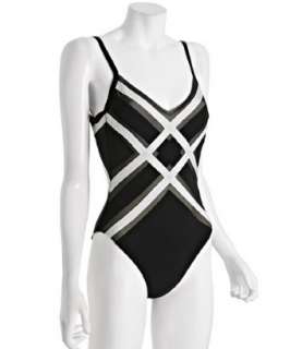 Gottex black mesh crisscross v neck swimsuit  
