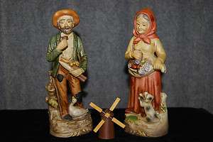 Homco Porcelain Peasant Man and Woman at Harvest and Wooden Windmill 