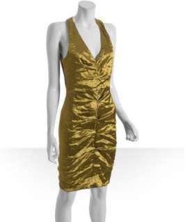 Nicole Miller golden yellow stretch metal deep v ruched dress 