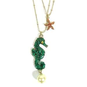 Seahorse Necklace Green Faux Pearl Coral Reef Star Fish Ocean Charm 