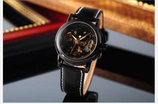   Mechanical Analog Black Dial Leather Band Men Sport Wrist Watch Gift