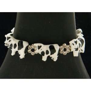  Metal Milk Cow Charms Bracelet With Crystal Flowers In Black White 