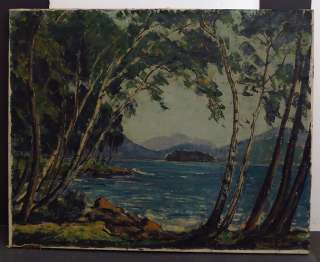 William Fisher Oil Painting Inlet Scene Birch Trees Mountains  