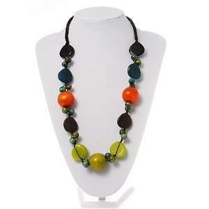 Wood & Resin Chunky Bead Cotton Cord Necklace (Orange, Green & Brown)