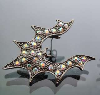 Unique Vintage Gun Metal Batman Earring Aurora Borealis Crystals 1inch 