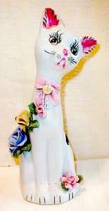 Porcelain Hand Painted 9 inch White Cat with Flowers Vintage 