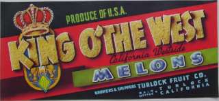 King O the West Vintage Melon Crate Label Turlock, CA  